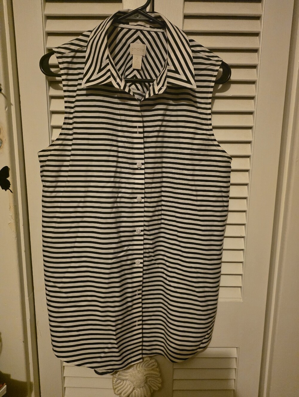 Chico's Black and White Striped Sleeveless Button-Down Shirt